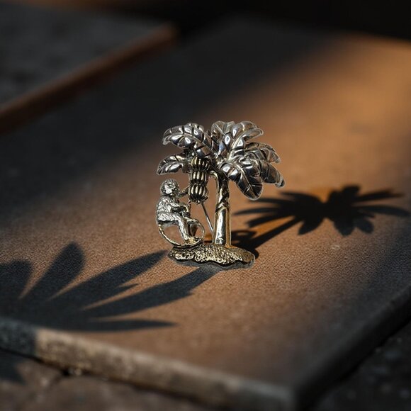 Vintage MJ Silver / Gold-Tone Monkey & Banana Tree Brooch Pin / Pendant - Picture 1 of 12